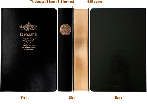 Thick Journal, Hardcover Notebook with Black Soft Faux Leather Cover, 416 Pages, A5 Blank Premium Papers with Golden