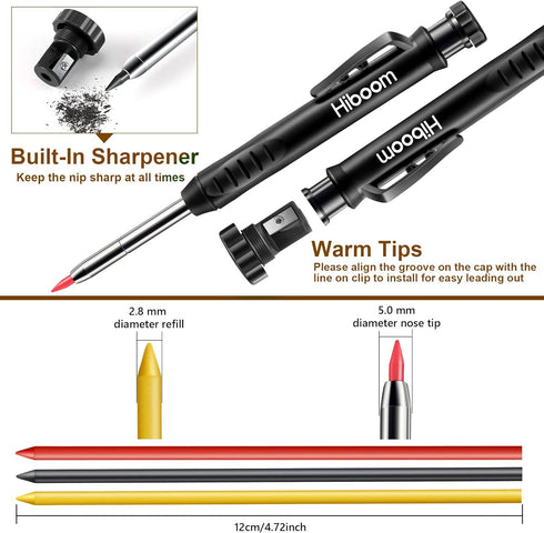 Hiboom 2 Pack Solid Carpenter Pencils with Pencil Cap and 18 Refills, Long Nose Mechanical Pencil Marker for Woodworking