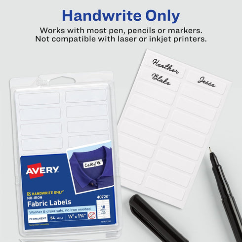 Avery No-Iron Fabric Labels, 1/2" x 1-3/4", Washer & Dryer-Safe, White, 54 Labels Per Pack, 2-Pack