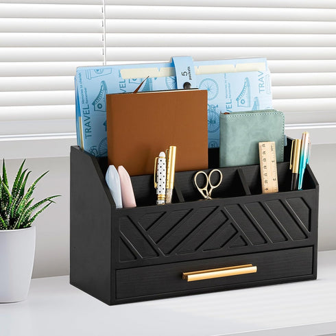 Black Wood Desk Organizer with Drawer, Bill Mail Organizer and File Holder for Office Supplies, Modern Desk Accessories