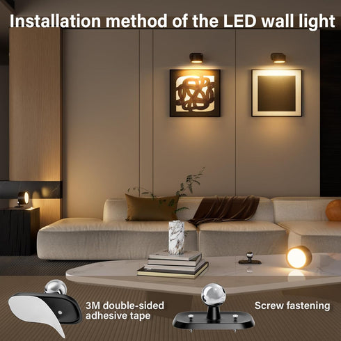 3 Color&10 Dimmable Set 2, 360 Rechargeable Wall Lights, Battery Operated Wall Light, LED Wall Mounted Sconce Light