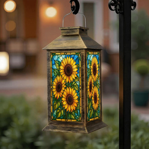 DERUINVAIO Solar Lantern Outdoor Waterproof Vibrant Stained Glass Sunflowers Green Leaves Garden Decor