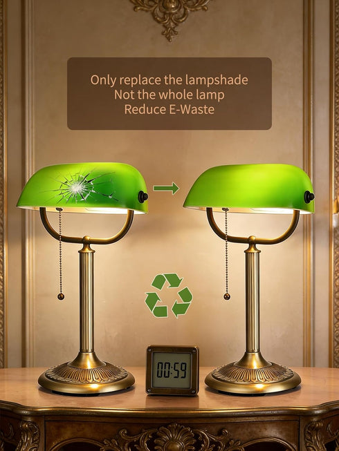 1-Minute Bulb Quick-Change Shade Classic Green Glass Bankers Desk Lamp for Study, Office, Library, LED Included