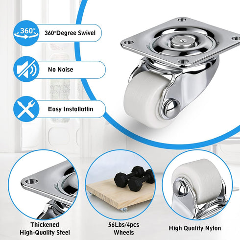 8 Pack 0.6-Inch 360 56 LBS 4 Mini Caster Wheels, White Nylon Low Profile Small Casters, Swivel Plate with Self Adhesive