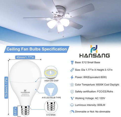 8 Pack Bulbs E12 60Watt 6000K A15 Bulbs, 600LM, 120V, 85+, Non-dimmable hansang Ceiling Fan Light Base, Equivalent