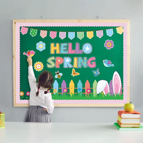 Happy Easter Bulletin Board Set with Pink Check Border, Rabbit, Bees, Butterflies, Hello Spring Cutouts for Kids
