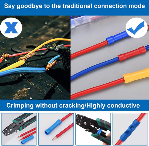 smseace 210PCS Wire Butt Connectors - Insulated Electrical Butt Splice Connectors with Wire Stripper Crimping Tool