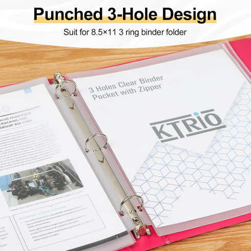 KTRIO 12 Pack Zipper Binder Pocket, Letter Size Clear PVC Loose Leaf Pouch for 3 Ring Binder Document Storage