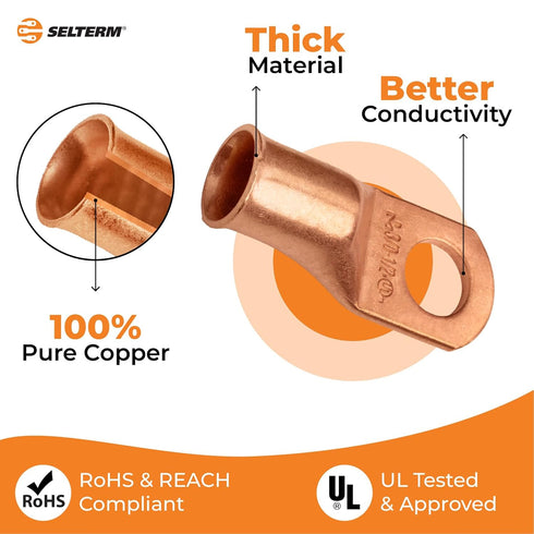 SELTERM 10pcs 3/0 AWG - 1/2" Stud Battery Lugs - Heavy Duty Wire Lugs, Battery Cable Ends, UL Bare Copper Eyelets
