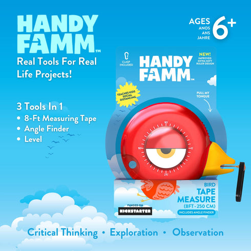 Famm 8ft 3+ Handy Red Bird Tape Measure for Kids STEM Educational Tool with Level, Protractor, Retractable Design - DIY