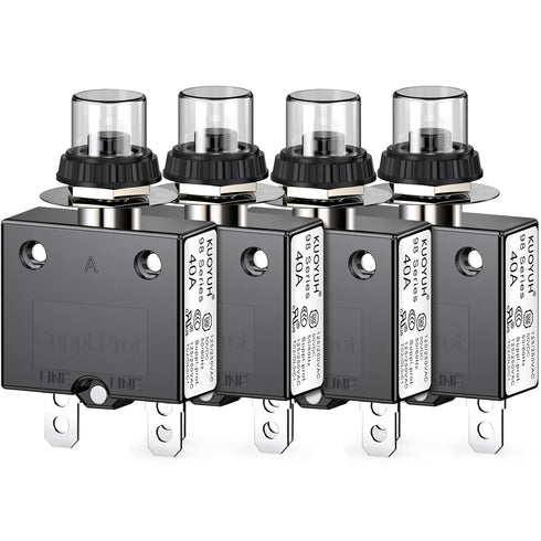 Thermal Circuit Breaker, 40 Amp Push Button Manual Reset, 32V DC 125/250VAC with Quick Connect Terminals