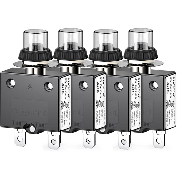 Thermal Circuit Breaker, 40 Amp Push Button Manual Reset, 32V DC 125/250VAC with Quick Connect Terminals
