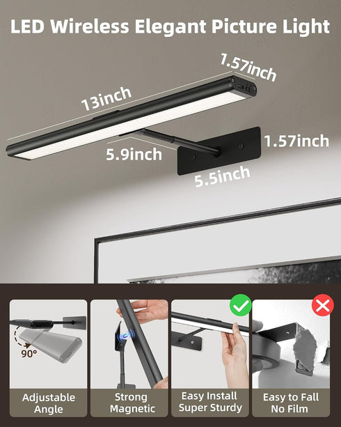 16'' 4800mAh Dimmable 3 Room(2P) EZVALO Picture Light for Wall, Black Rechargeable Battery Lights Wireless Remote