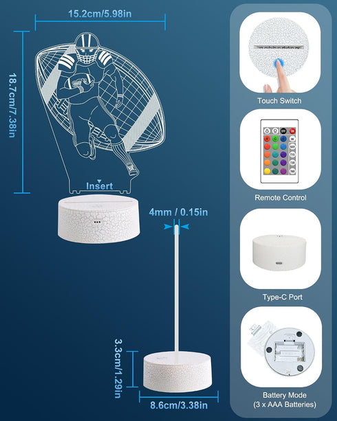 3D 16 Attivolife Football Player Night Light for Kids, Rugby Illusion LED Lamp, Colors Changing with Remote Control