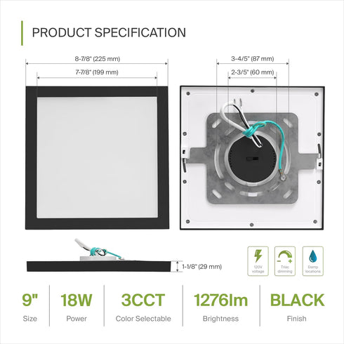 9" 18W 1270LM 3000-5000K 120V 3CCT, Dimmable, ASD LED Square Flush Mount Light | | Ultra Slim, ETL Listed | Thin