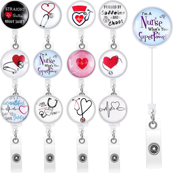 Zonon 12 Pcs Nurse Badge Reels, Retractable ID Holder with Alligator Clip for Doctor Teacher Gifts