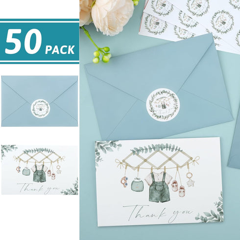 50 Pack Draupnir Baby Shower Thank You Cards with Envelopes & Stickers Green Cloth Card for Boy Blank Greeting Cards