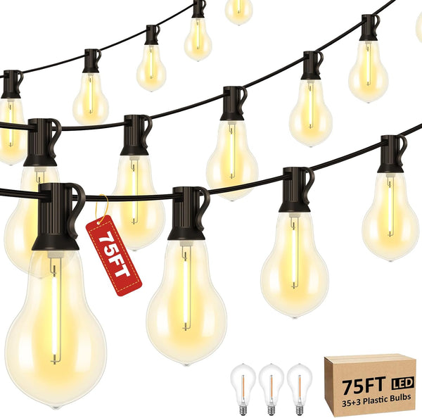 75FT Outdoor String Lights with 35+3 Waterproof Bulbs, 2FT Bulbs Apart, Dimmable