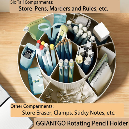 Rotating Desk Organizer, 360° Pencil Pen Holder with 11 Slots, Art Supply Storage Box Caddy for Office (Beige)