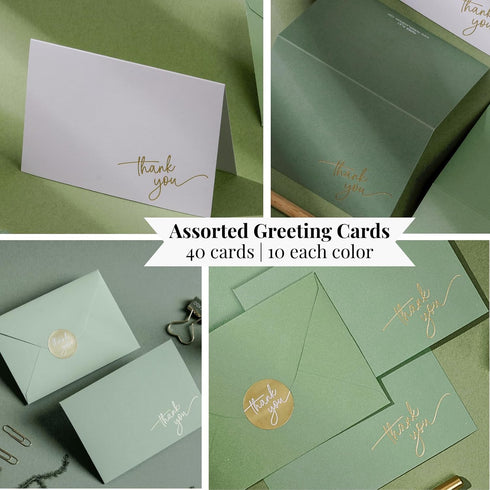 Pack 40, 5x3.5 Inch Gold Foil Thank You Cards - Bulk of with Matching Stickers & Envelopes (Green) Textured Surface