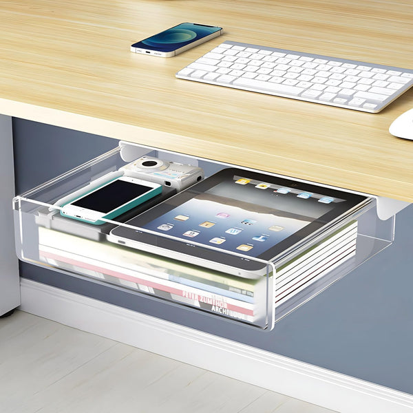 Large Under Desk Table Drawer Storage Organizer A4, Hidden Self-Adhesive Pencil Tray Drawer for Office - Clear White