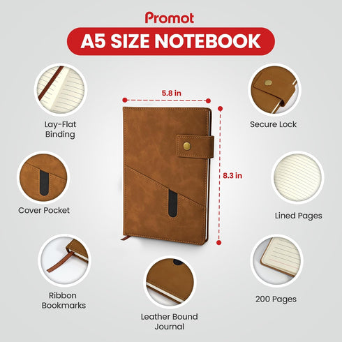 Promot PU Leather Notebook with Pen - A5 Lined Daily Journals for Writing, 200 Pages, Brown
