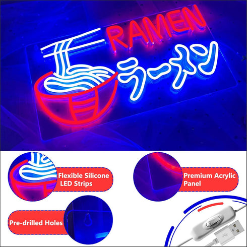 Dimmable Ramen Neon Sign Japanese Noodles Neon Light for Wall Decor LED Ramen Light Up Signs USB Powered Food Shop Neon
