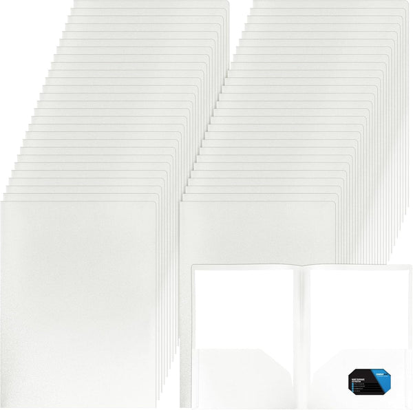 Patelai 50 Pack Heavy Duty Plastic Pocket Folders, 2 Pocket Letter Size, Business Card Holder, White Color for School