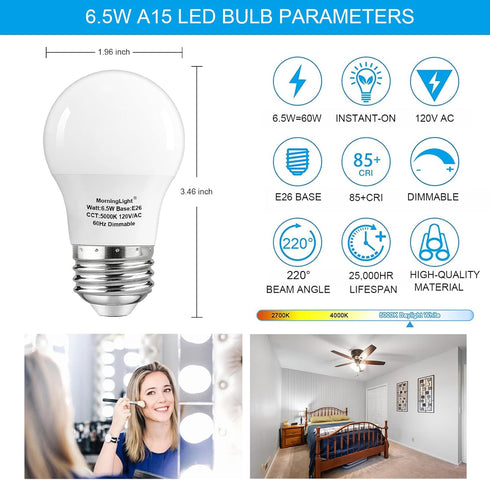 A15 Light Bulb Daylight 60 Watt Equivalent, E26 Small Light Bulb Daylight 5000K, Dimmable 6.5 Watt LED Bulb for Ceiling Fan, Wall sconces, 600 Lumens Bulb, 25000+ Hours Lifespan, 6 Pack by MorningLight