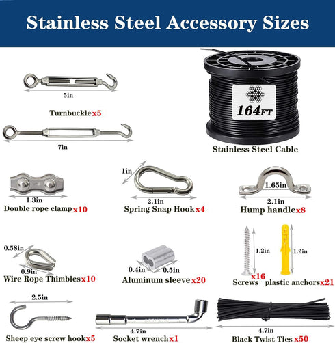 164FT Outdoor String Light Hanging Kit - Heavy Duty Black Vinyl-Coated Stainless Steel Wire Rope with Turnbuckles