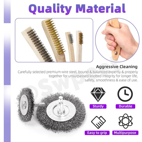 Swpeet 9Pcs Wire Scratch Brush Kit, Including 5Pcs Wire Wheel Cup Brush and 3Pcs Brass/Stainless/Carbon Steel Brushes
