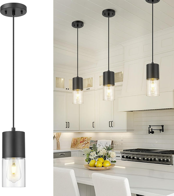 Black Pendant Lights Kitchen Island, Modern Hanging Lights Fixtures with Cylinder Clear