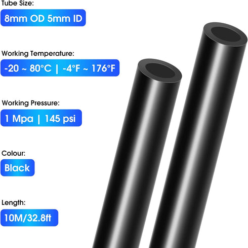 TAILONZ PNEUMATIC Black 8mm or 5/16 OD Polyurethane Air Hose Pipe Kit, 10 Meter