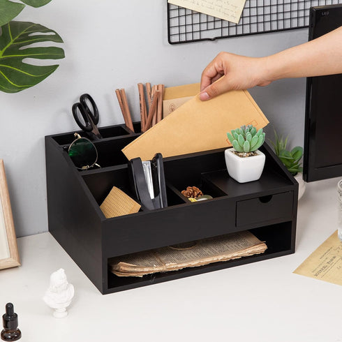 Wood Desk Drawer Organizers with File Organizer and Pen Holder, Black Office Decor Combo for Desk Organization
