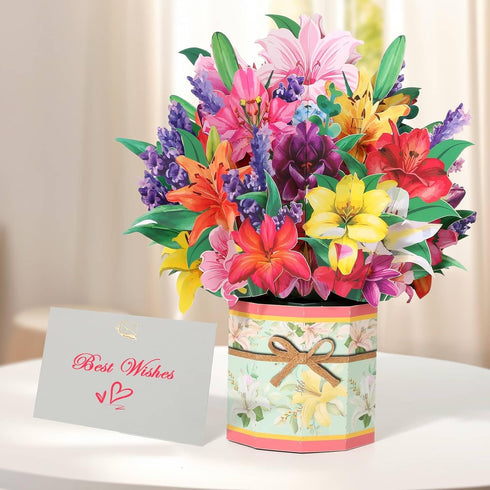 Tidponra 3D Paper Flower Pop Up Cards, Lilies Flower Bouquet Card Popup Greeting Cards for Mother's Day, Graduation
