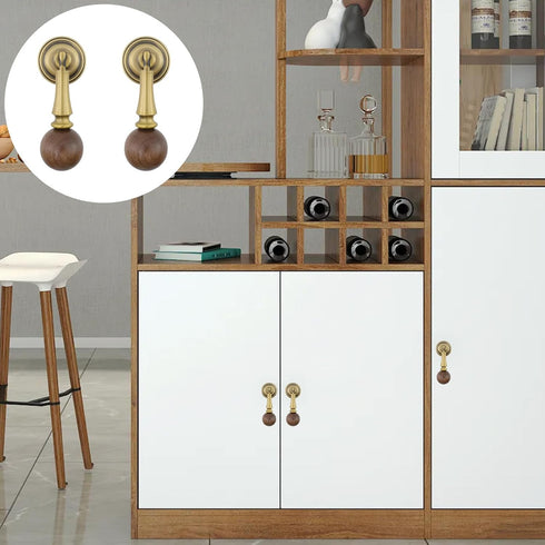 2 Copper Solid Wood Single Hole Handle Wooden Walnut Round Drawer Pull Wood Grain and Brass Finish Kitchen Cabinet