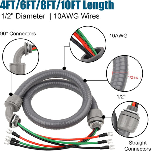 6FT 1/2" 310AWG 90 Non-Metallic Liquid-Tight Conduit Kit, Pre-Wired Electrical Whip with THHN Copper Wires