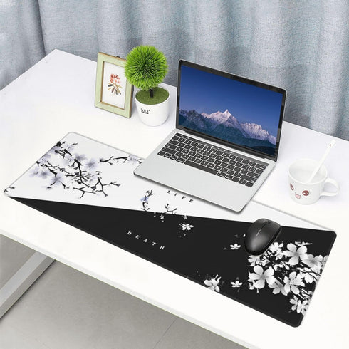 Japanese Life Death Keyboard Mat, Black White Anime Gaming Mouse Pad with Anti-Slip Rubber Base, Sakura Pagoda Sun