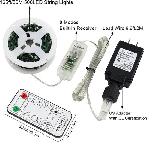 165ft 500 50M ER CHEN Led String Lights, Led Starry Lights on Green Copper Wire String Lights Power Adapter + Remote