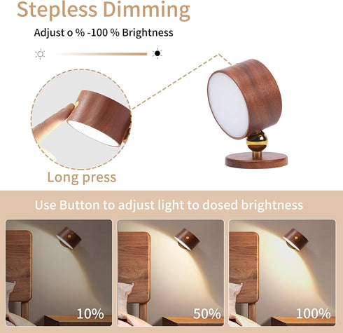 1-Pack 360 Dimmable LANDGOO Wood Wall Sconce, Sapele Wood Magnetic Rotatable Cordless Bedside Lamp, Rechargeable & LED