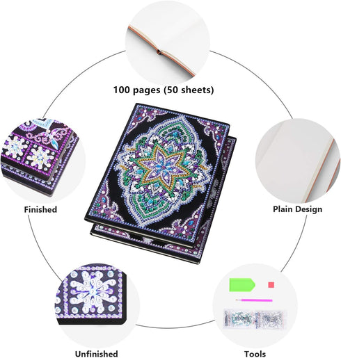 Diamond Art Painting Book - Special Shaped DIY Notebook with Mandala Diary, 100 Pages/50 Sheets A5