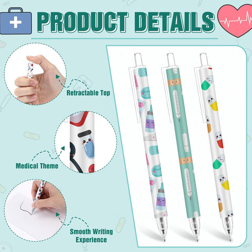 Sayglossy 144 Sets Nurse Week Appreciation Gifts Bulk Inspirational Cute Funny Cartoon Black Ink Retractable Ballpoint