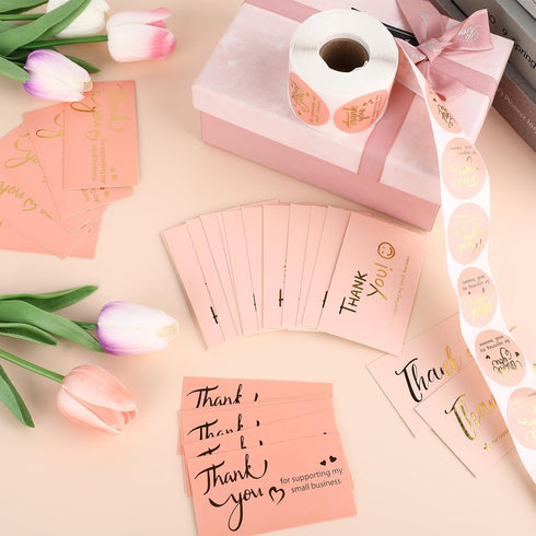 DONQTWAY 600 Set,Pink Package Pieces Thank You for Supporting My Small Business Stickers and Cards and Rose Gold Cute