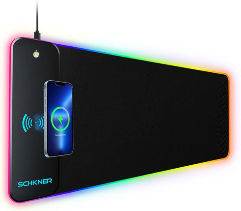 Large RGB Gaming Mouse Pad with Wireless Charging, LED Light, Non-Slip Rubber Base, Waterproof Desk Pad for Home Office