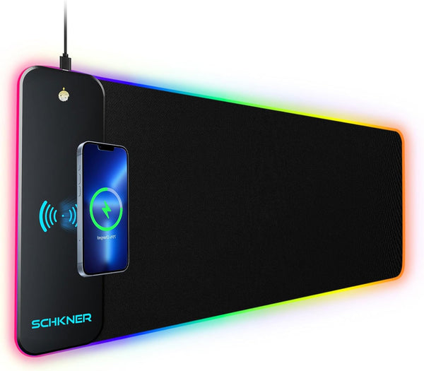Large RGB Gaming Mouse Pad with Wireless Charging, LED Light, Non-Slip Rubber Base, Waterproof Desk Pad for Home Office