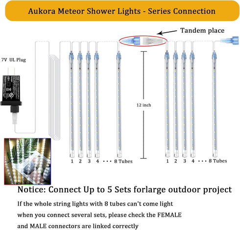 12 inch 8 192LED Aukora Christmas Lights Outdoor Meteor Shower Falling Rain Lights Tubes Snowfall Cascading Icicle