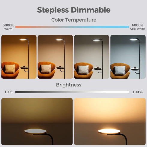 36W Dimmable 350Rotating LED Floor Lamp with Table & Shelves, Minimalist Stepless Torchiere with Dual Control (Remote