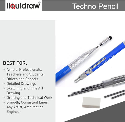 Mechanical Clutch Pencil 2mm with 8 x 2B Leads, Eraser & Integrated Sharpener for Technical Drawing