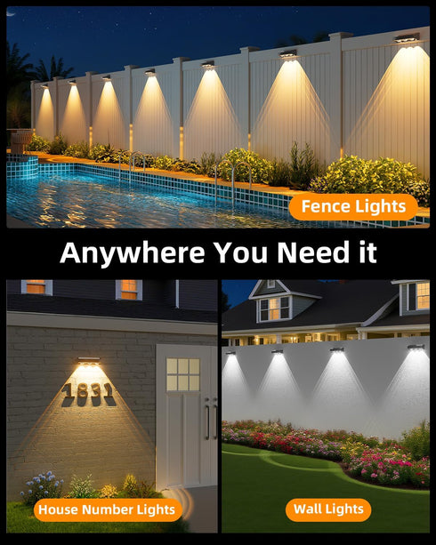 4 Pack, 9 IP65 JOFIOS Solar Fence Lights Outdoor, Fixed Colors Color Changing Fence Lights Solar Powered Waterproof