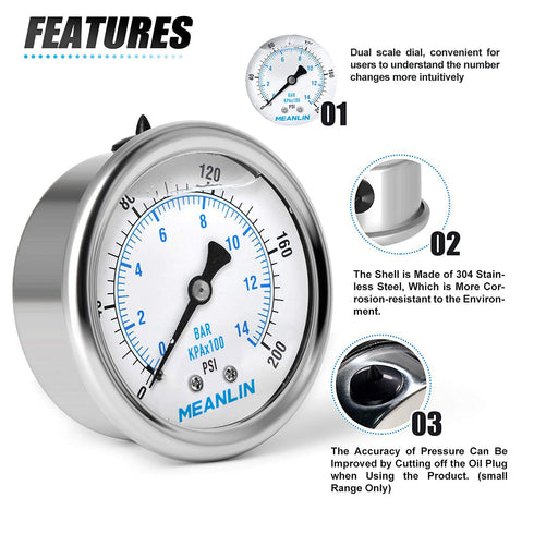 MEANLIN MEASURE 0~200Psi Stainless Steel Pressure Gauge - 1/4" NPT 2.5" FACE DIAL Liquid Filled for Water Oil Air